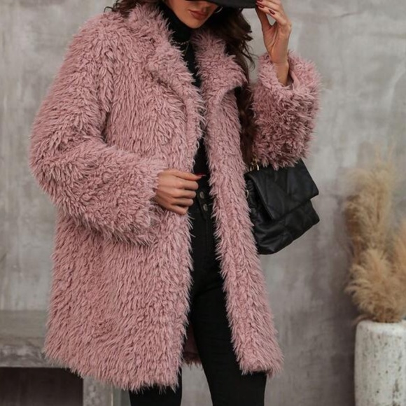 Cozy Pink Fuzzy Open Front Teddy Jacket Coat - Picture 2 of 6